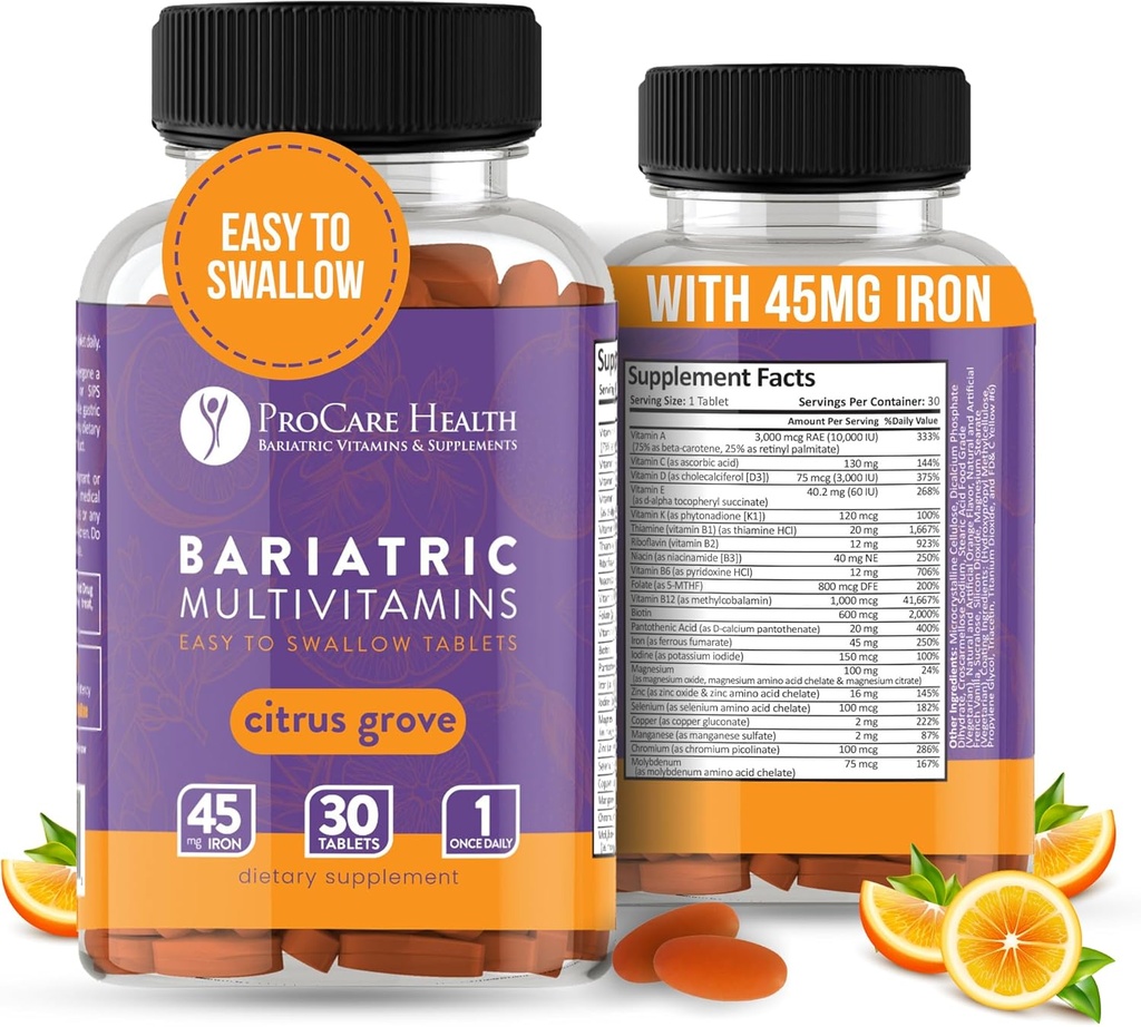 Procare Health Bariatric πολυβιταμίνη με σίδηρο 45mg Easy to Swallow 30 δισκία - Post Op Bariatric Βιταμίνες για χάπια γαστρικής παράκαμψης*, Recovery & Energy for Sleeve Aσθενείς* (1 Μήνας Προσφορά)
