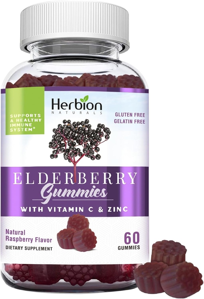 HERBION Elderberry Gummies with Vitamin C & Zinc - Υποστήριξη Υγιούς Ανοσοποιητικού Συστήματος - Χωρίς γλουτένη & Ζελατίνη - 60 Gummies for Adults & Children 4 Years & Above - Made in USA, 60 Count (Pack of 1)