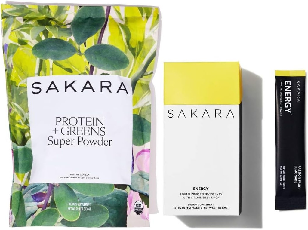 SAKARA Protein + Πράσινα Super Powder & Energy Αναβράζοντα - Βιολογικές Πρωτεϊνικές Σκόνη & Πράσινα Σκόνη, Διυλιζόμενα Χωρίς Ζάχαρη Ηλεκτρολύτες Σκόνη