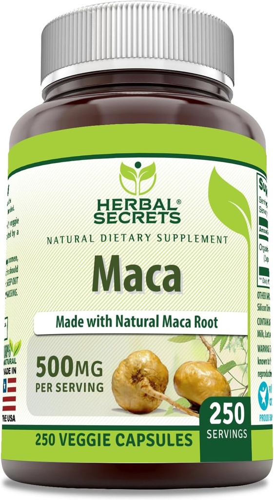 Herbal Sırları Maca 500 mg 250 Veggie Capsules | Non-GMO | Gluten Free | Made in USA | Uygun for Vegetarians