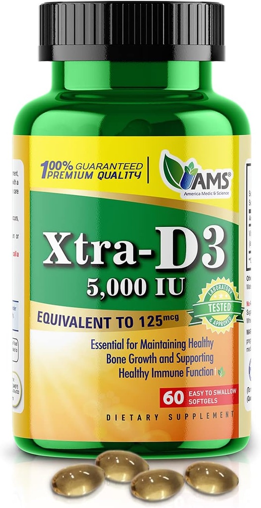 Amerika Medic & Science Xtra D3 Vitamin D 5000 IU (125 mcg) Erkekler ve Kadınlar için Cholecalciferol Supplement (60 Easy to Swallow Softgels) Bone, Heart Health, Immune System Support, Lung Function