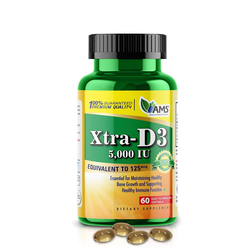 Amerika Medic & Science Xtra D3 Vitamin D 5000 IU (125 mcg) Erkekler ve Kadınlar için Cholecalciferol Supplement (60 Easy to Swallow Softgels) Bone, Heart Health, Immune System Support, Lung Function
