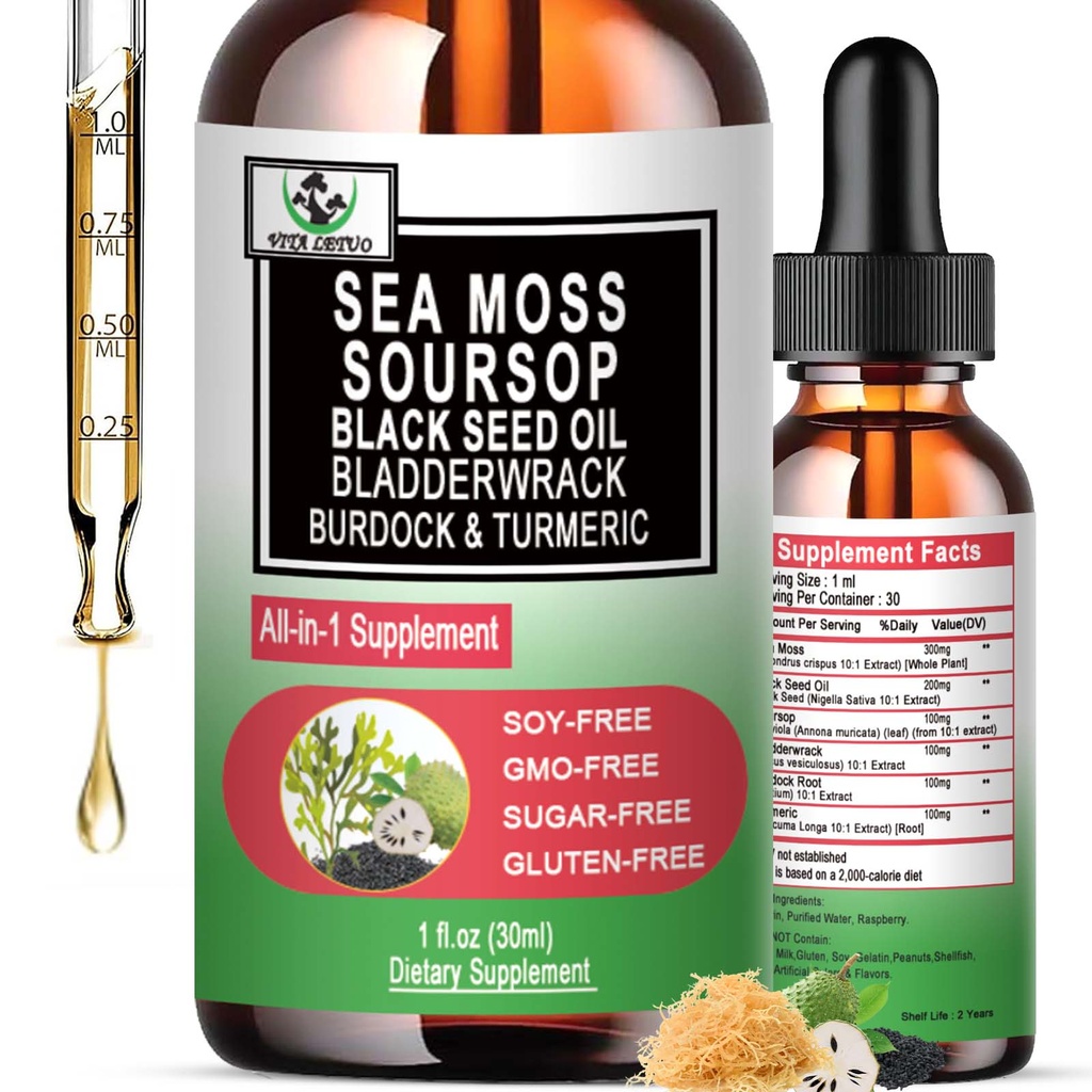 Sea Moss Black Seed Oil Soursop Liquid Drops with Bladderwrack Burdock Root Turmeric - Πολυμερείς & Βιταμίνες Superfood Drops Βιολογικές Μη-GMO για Ανοσοποιητικό & Πειθαρχικό & Κυτταρικό Στήριξη Δέρμα Μαλλιά