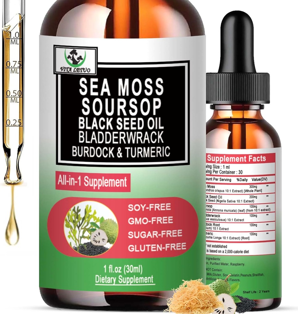 Sea Moss Black Seed Oil Soursop Liquid Drops with Bladderwrack Burdock Root Turmeric - Multimineral & Vitamins Superfood Drops Organic Non-GMO for Immune & Digestive & Cell Support Skin Saç Saçları