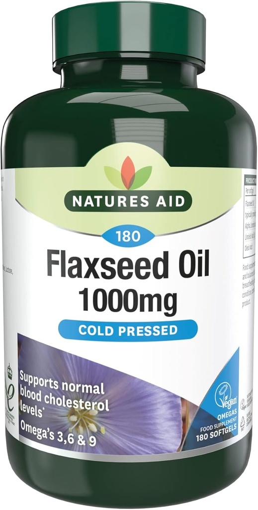 Natures Aid Flaxseed Oil 1000 mg Cold Pressed (Omega 3, 6 + 9) 180 kapaklar. Vejetaryenler için uygun.