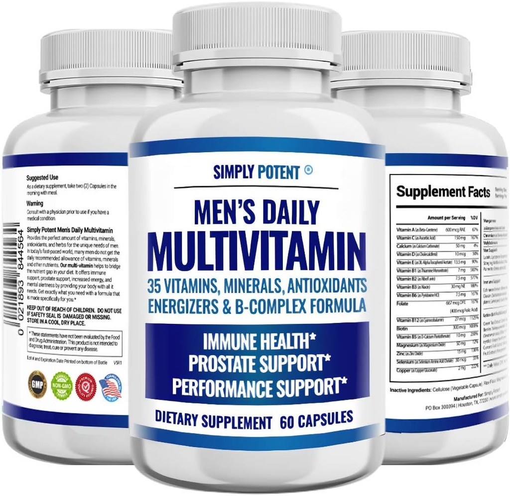Sadece Erkekler için günlük Multivitamin, Mineraller ve Antioksit ile 35 Vitamin, A C D E, Biotin B12 Folate Magnezyum & Saw Palmetto, Enerji için Focus, Immune & Prostate Health, 60