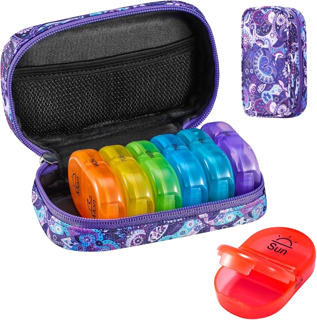 Serfeymi Weekly Travel Pill Organizer 2 φορές A Day AM PM Αναβάθμιση Rainbow Pill Box 7 Day with Portable Zipper Canvas Pill Case, Medicine Organizer for Pills, Vitamins, Fish Oils - Purple 01