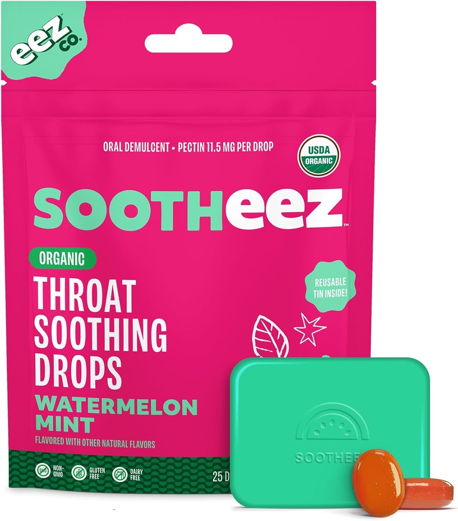 Sootheez Organik Throat Soothing Drops for Yetişkinler, Watermelon Mint, 25 Kont, Refillable, Great Tasting Drops That Sooth Sore Throats