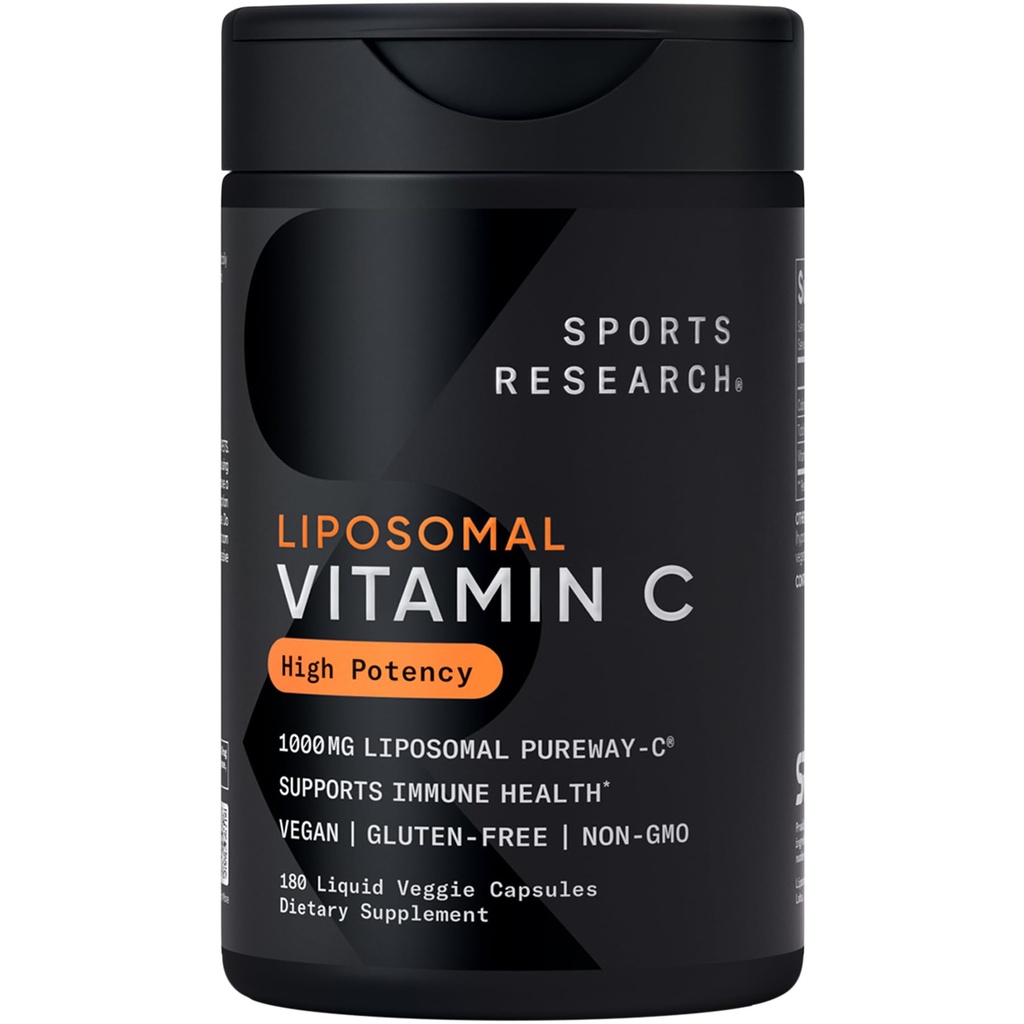 Sports Research® High Potency Liposomal Vitamin C Supplement 1000 mg – sertifikalı Vegan, Non-GMO, Gluten Free | Antioksi & Immune Support | Ascorbici Vitamin C | 180 Sıvı Veggie Capsules