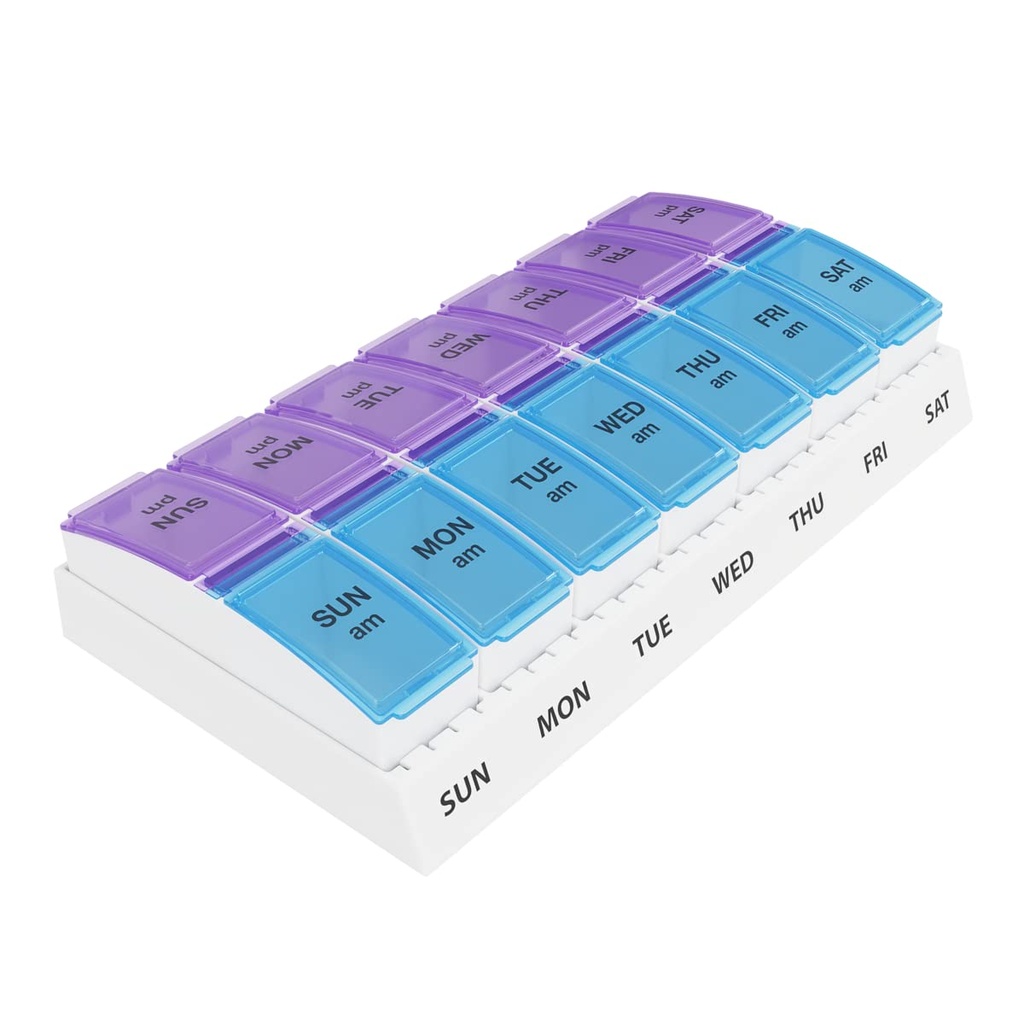 EZY DOSE Weekly AM/PM Pill Organizer, 7-Day Vitamin Container και Daily Medication Box with Large Pop-Out Compartments, 2 Times a Day Pill Holder, Blue and Purple Lids, Travel-Friendly Design