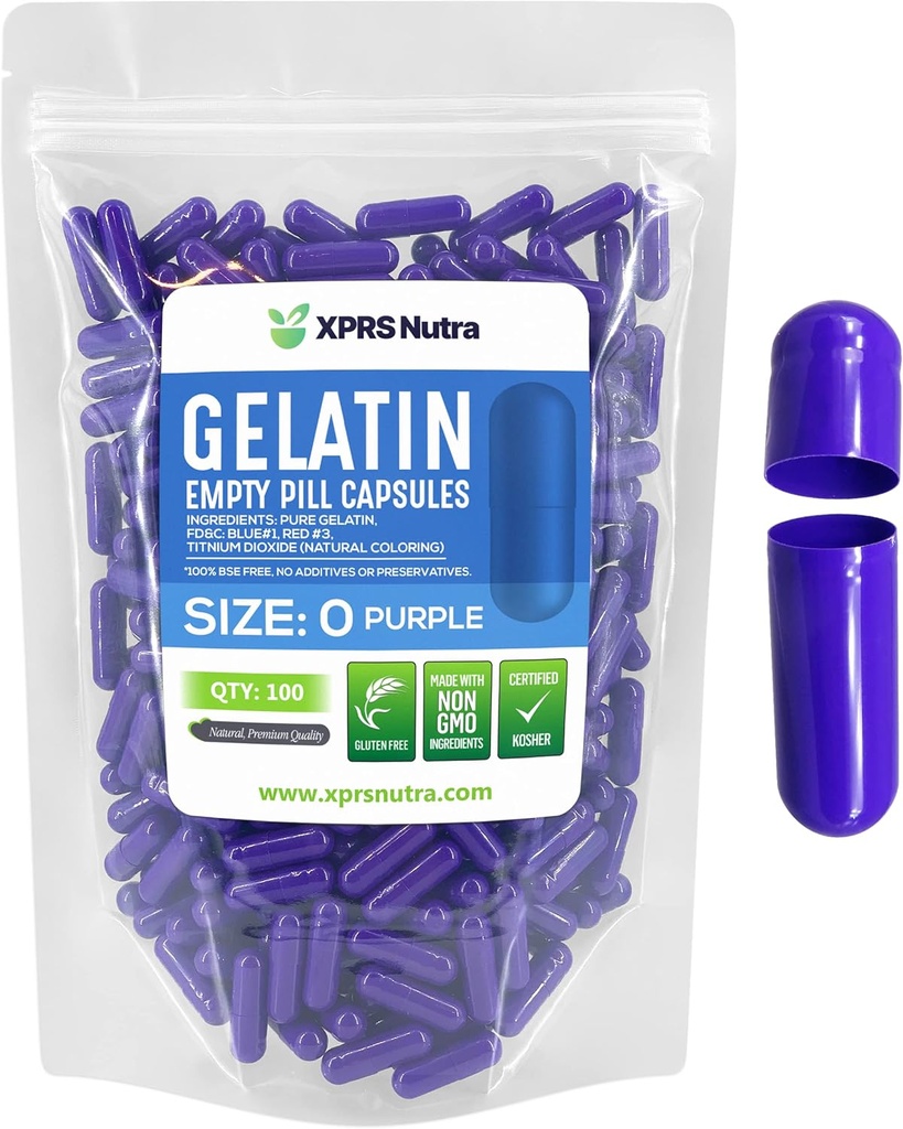 XPRS Nutra Boyutu 0 Boş Kapsüller - 100 Kont Boş Gelatin Capsules - Pills DIY Capsule - Pure Bovine Pill Gel Caps For Do-It- Yourself Supplements (Purple)