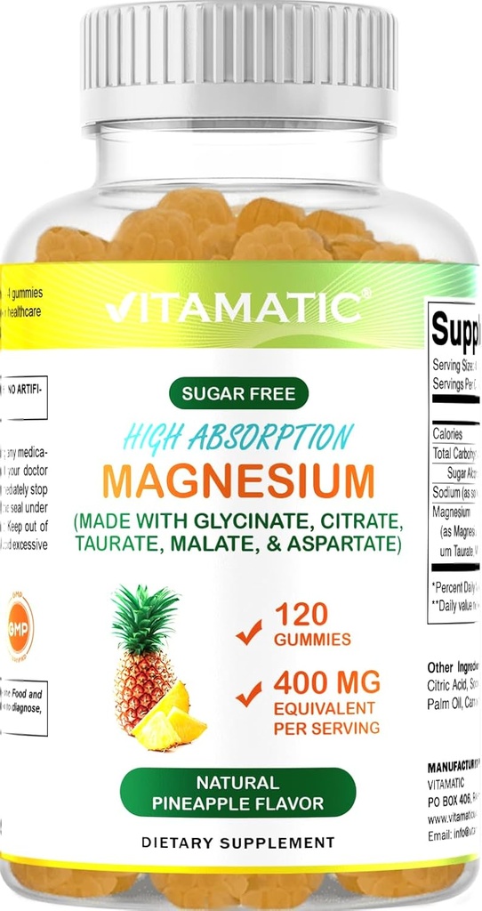Vitamatic Sugar Free Magnezyum Gummies - (Made with GLYCINATE, Citrate, TAURATE, Malate, & ASPARTATE) - Servis başına 400 mg - 120 Gummies - Sağlıklı Rahatlama, Kas, Bone, & Energy Support