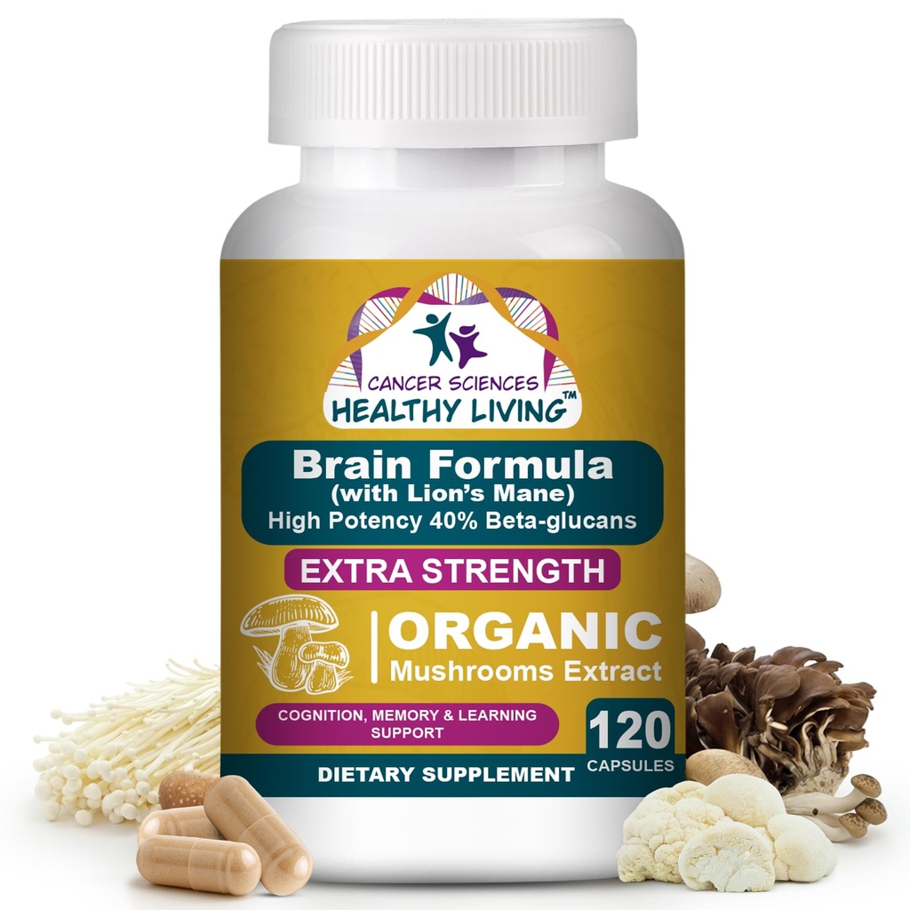 Cancer Sciences Brain Supplements for Memory and Focus - 1.500 mg Brain Health Mushroom Supplement for Yetişkinler & Seniors - High Potency 40 Beta-Glucans for Immune Support & Vitamins, 120 Capsules