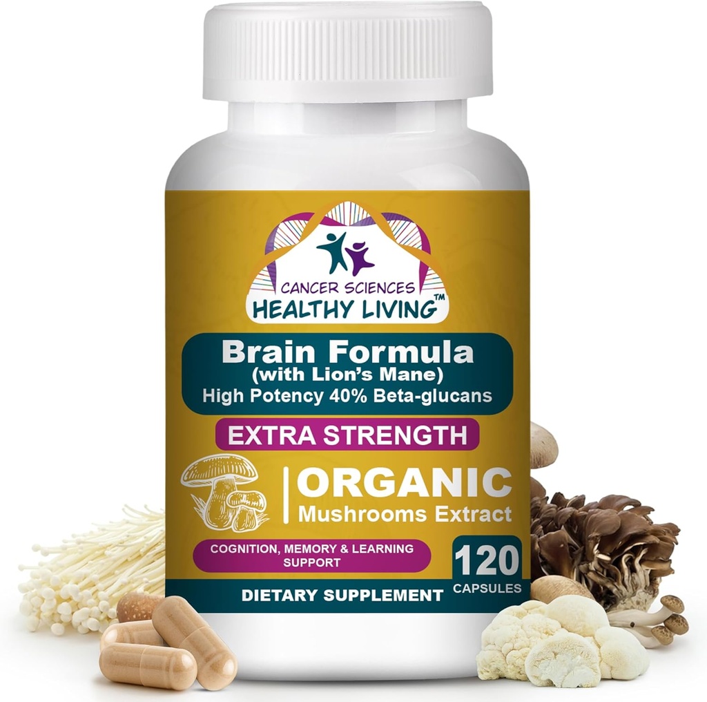 Cancer Sciences Brain Supplements for Memory and Focus - 1.500 mg Brain Health Mushroom Supplement for Yetişkinler & Seniors - High Potency 40 Beta-Glucans for Immune Support & Vitamins, 120 Capsules