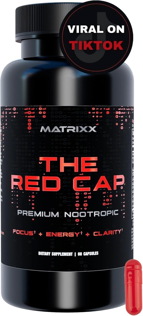 Matrixx The Red Cap 10in-1 Nootropic Formula | Doğal Focus, Enerji, Clarity & Verimlilik Tamam | Rhodiola, L-Theanine, Citicoline, Lions Mane Limitsiz Beyin ATM Supplement Capsules