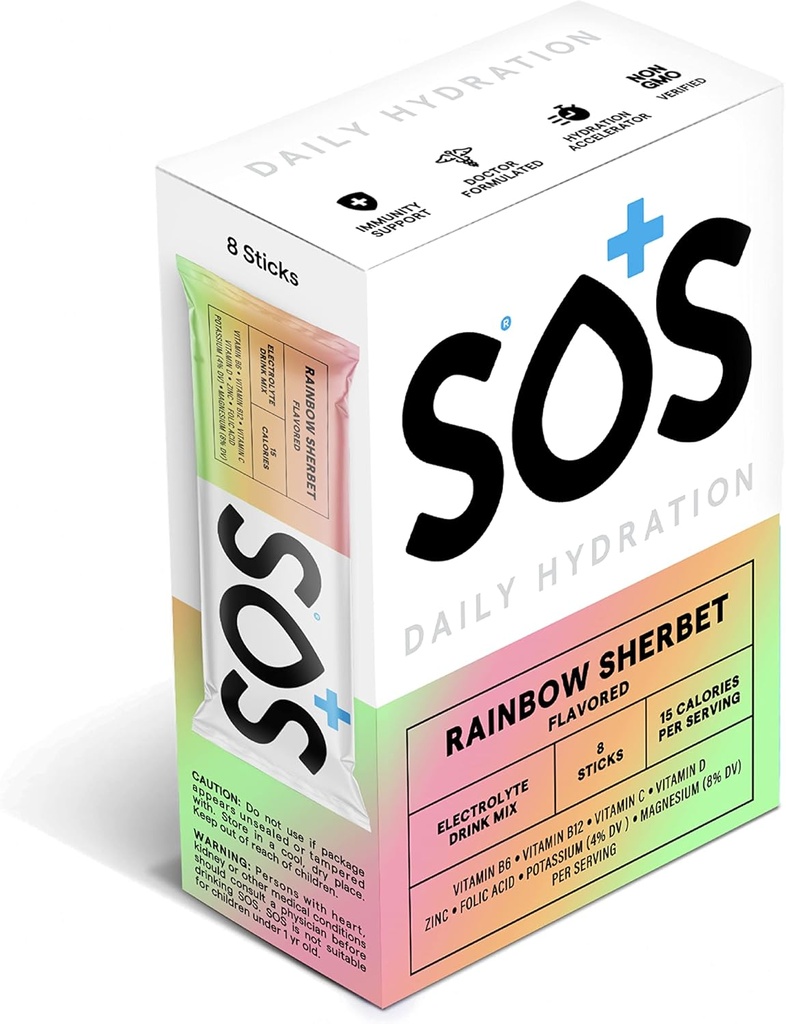 SOS Hydration Electrolyte Toz Stick Packs | Low Sugar | Hızlı Rehidrasyon | ABD'de Yap | Hua | Rainbow Sherbert