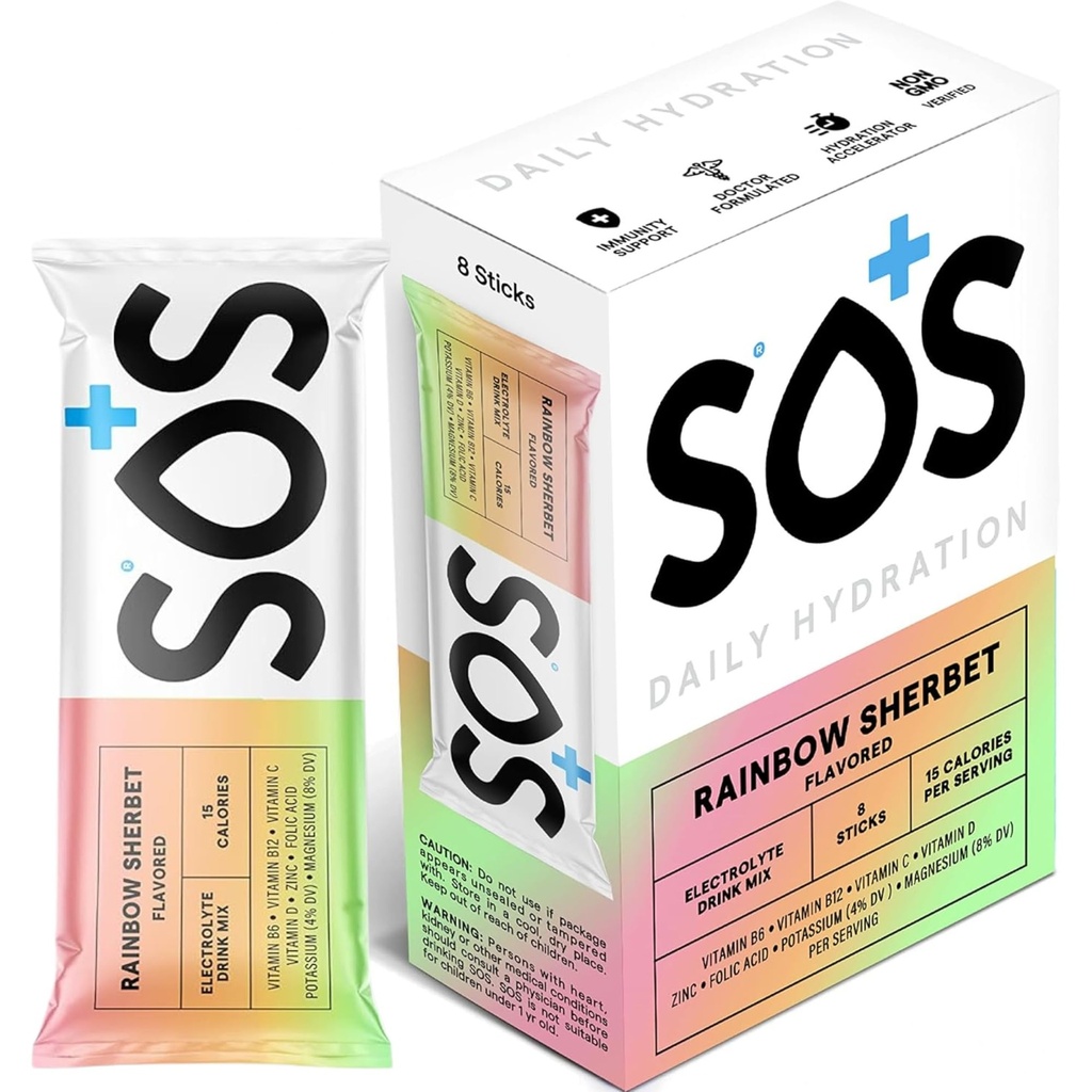 SOS Hydration Electrolyte Toz Stick Packs | Low Sugar | Hızlı Rehidrasyon | ABD'de Yap | Hua | Rainbow Sherbert