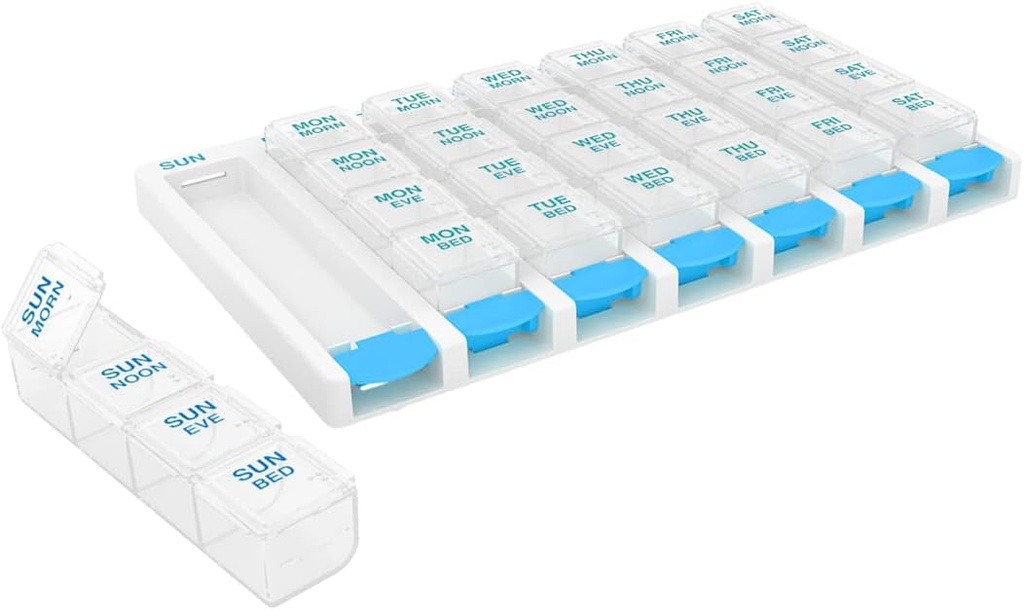 EZY DOSE Weekly (7 Day) 4 φορές την ημέρα Push Button Pill Organizer και Vitamin Planner, Αποσπώμενα Ημερήσια Χάπια, Μπλε, Καθαρές Λίδες, Μεγάλο, BPA Δωρεάν