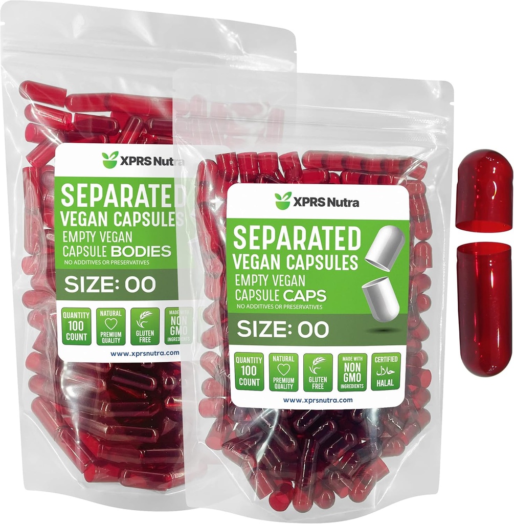 XPRS Nutra Vegan Size 00 Separated Capsules - 100 Count Premium Empty Capsules Separated in Bags - 00 Pills Empty for DIY Supplement Filling (Clear Red)