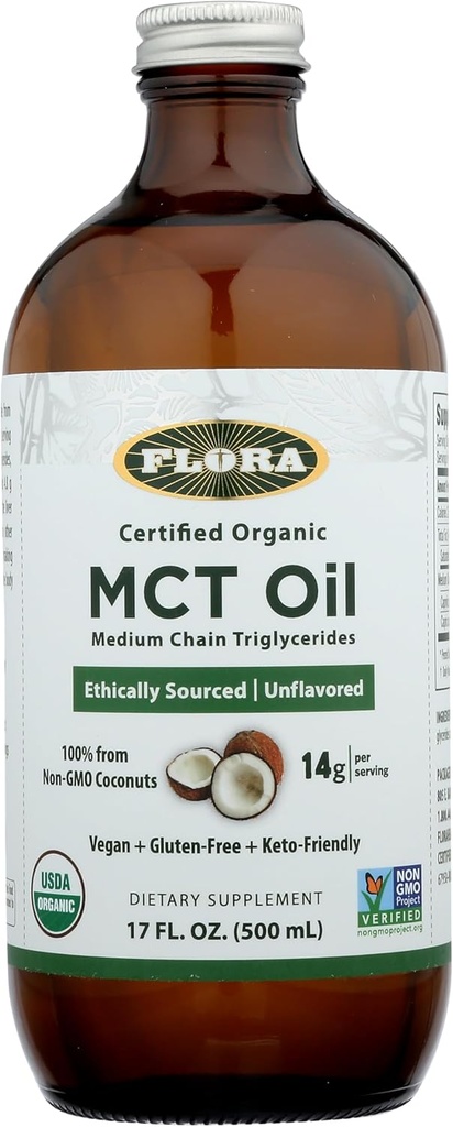 Flora Health MCT Oil Organic Energy Boost, C8 Caprylic & C10 Capric Acids, Keto, Kosher, Non-GMO Επαληθευμένο, 100% από Ηθικά και Βιώσιμα Πηγασμένα Καρύδες, 17 Fl Oz Liquid, Γυάλινο Μπουκάλι