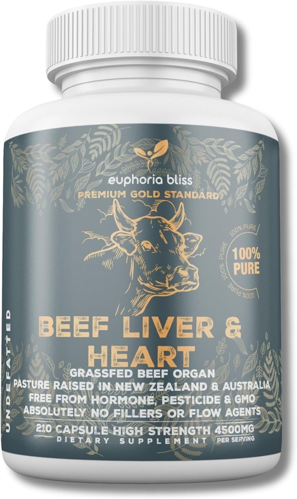 Grass Fed Beef Liver & Heart Capsules | 210 Hızlı Yayın Kapsülleri (750 mg Her) Desiccated Beef Liver & Heart Supplement | Non-GMOMO