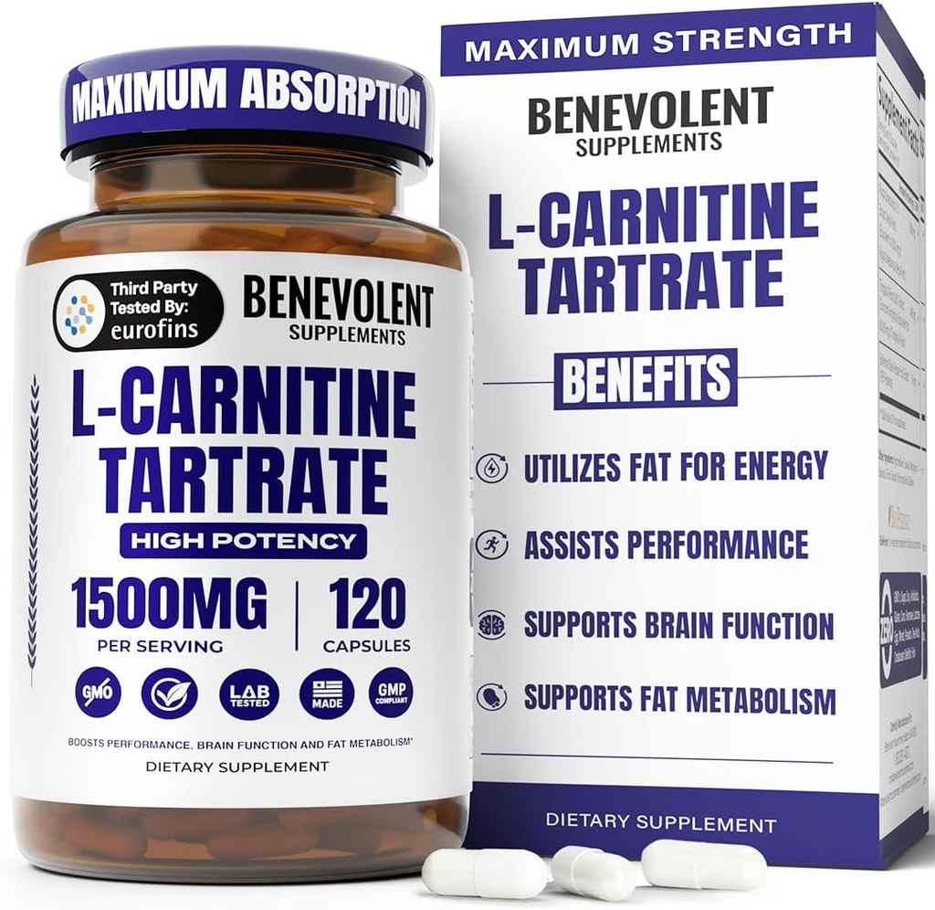 Benevolent L Carnitine Supplement - High Potency 1500mg L-Carnitine Tartrate - Fast Absorbing, Convert Fat to Energy, Support Lean Muscle, Boost Workout Performance & Metabolism – 120 Vegan Capsules