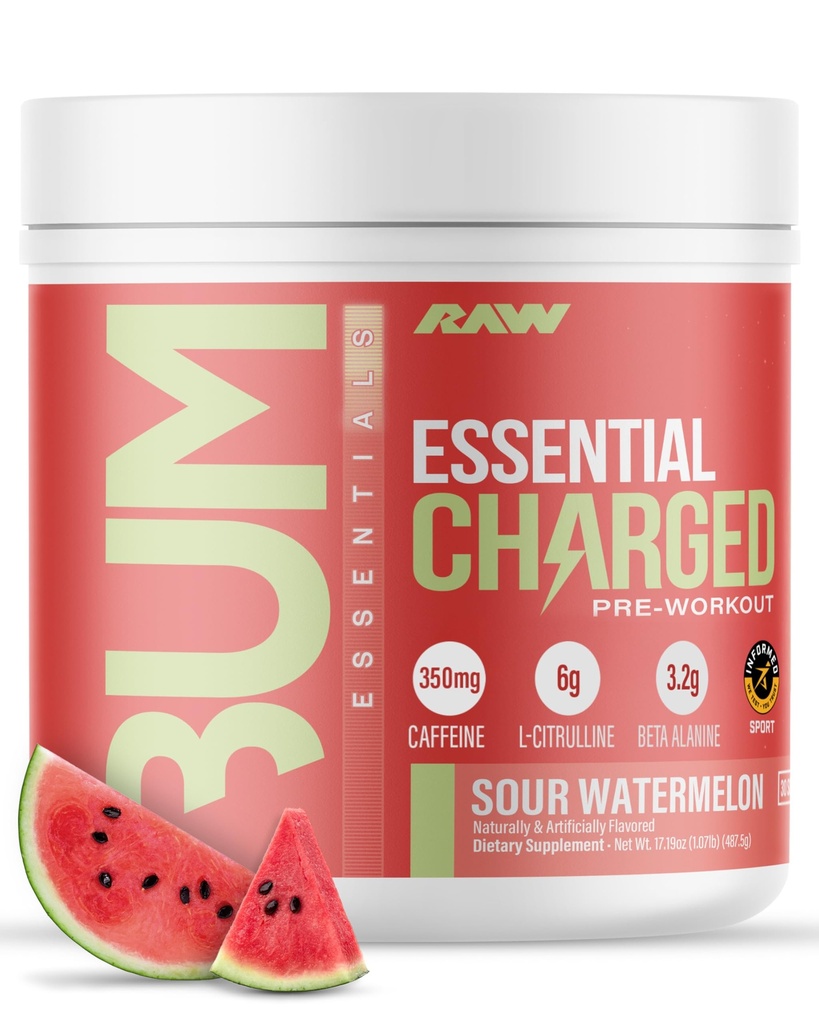 RAW Pre-Workout Toz, Essential CHARGED (Sour Watermelon) - Erkekler ve Kadınlar için Preworkout Supplement - Supports Focus, Mood & Performance - Caffeine, Alpha-GPC, L-Citrulline, Beta Alanine (25 hizmet)