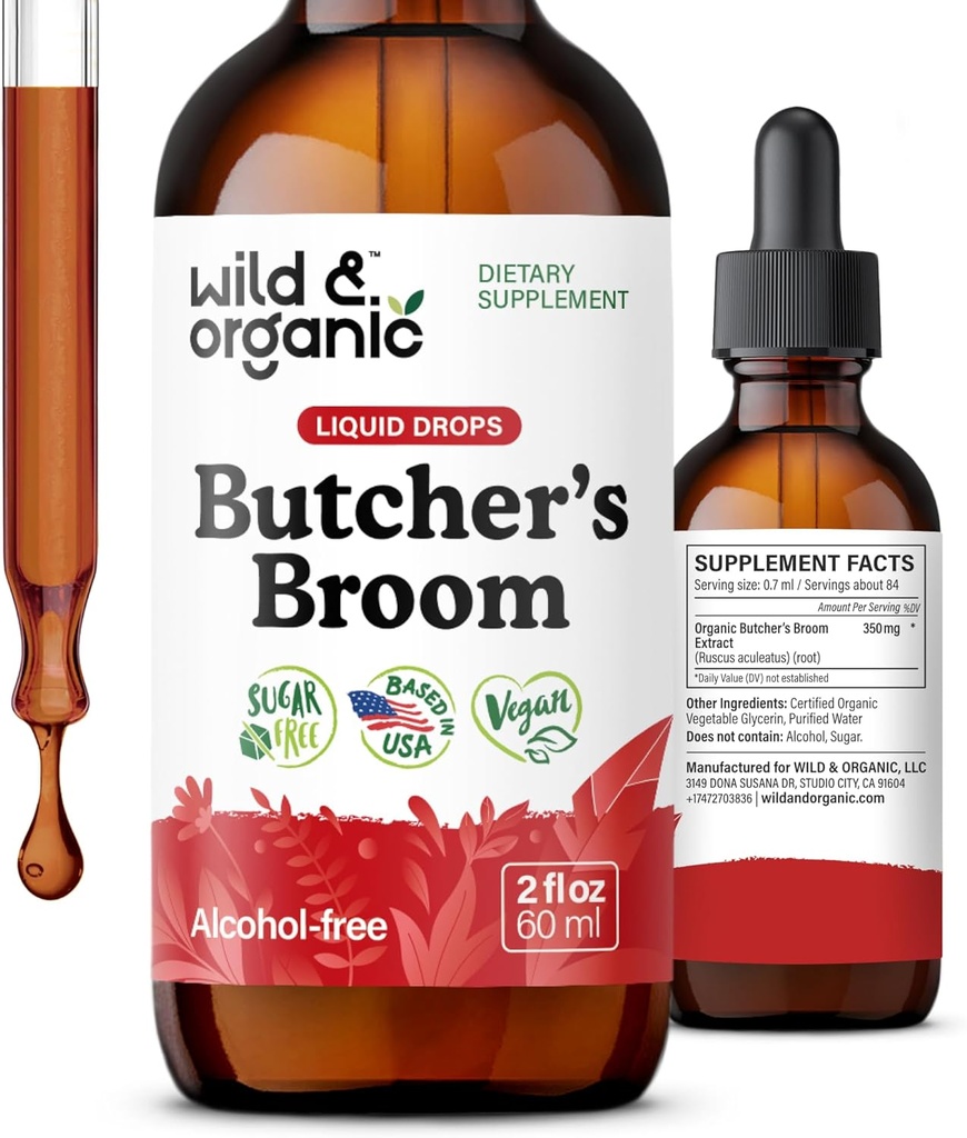 Wild & Organic Butchers Broom Root Drops - Sıvı Supplement for Leg Support - Alkol Free Butcher's Broom Tincture - Ruscus Aculeatus Herb - Vegan, Non-GMO, No Sugar - 2 fl oz