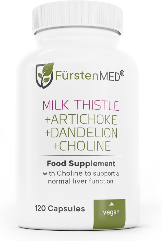 FürstenMED Γαϊδουράγκαθο γάλακτος με εκχύλισμα Artichoke, Dandelion Root & Choline - Φυσιολογικό συμπλήρωμα ηπατικής υγείας - Πολύ Dosed με 80% Silymarin - Vegan Liver Support - 120 Μη ΓΤΟ Καψάκιο