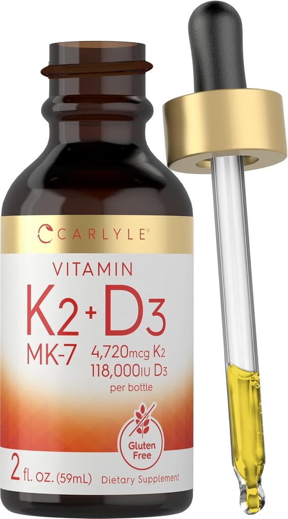 Carlyle Vitamin D3 K2 Drops | 2 Fl Oz | MK-7 Supplement | Vegetarian, Non-GMO, Gluten ve Soy Free Formula