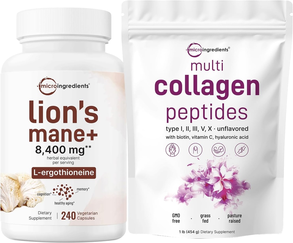 Mikro Malzemeler Multi Collagen Protein Toz 16oz & Lions Mane Supplement 240 Veggie Capsules Sche 2 Pack | Grass-Fed Collagen Peptides | Superfood Mushroom Antioksis with L-Ergothioneine
