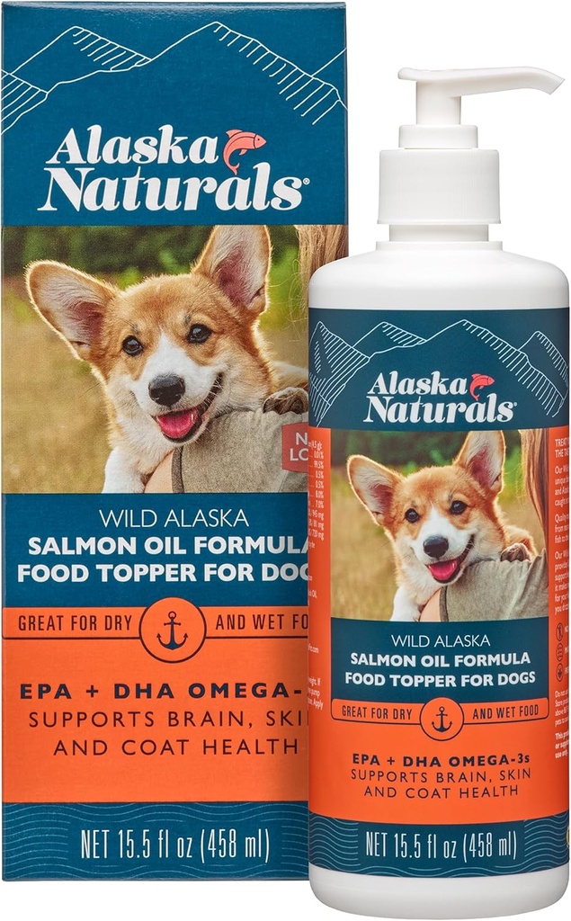 Alaska Naturals – Wild Alaska Salmon Oil Formula Dog Food Topper – EPA ve DHA Omega-3 - Sağlıklı Cilt için Tamam, Shiny Coat - ABD'de Yapılacak - 15.5 oz. Şişe pompa