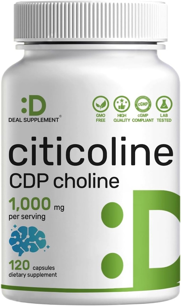 Citicoline CDP Choline, 1000mg Per Servis, 120 Capsules – Ekstra Güçlü Choline Supplements – Nootropic B Vitamin Özellikleri – Beyin Sağlığı, Bellek ve Odaklı - Non-GMOGMO