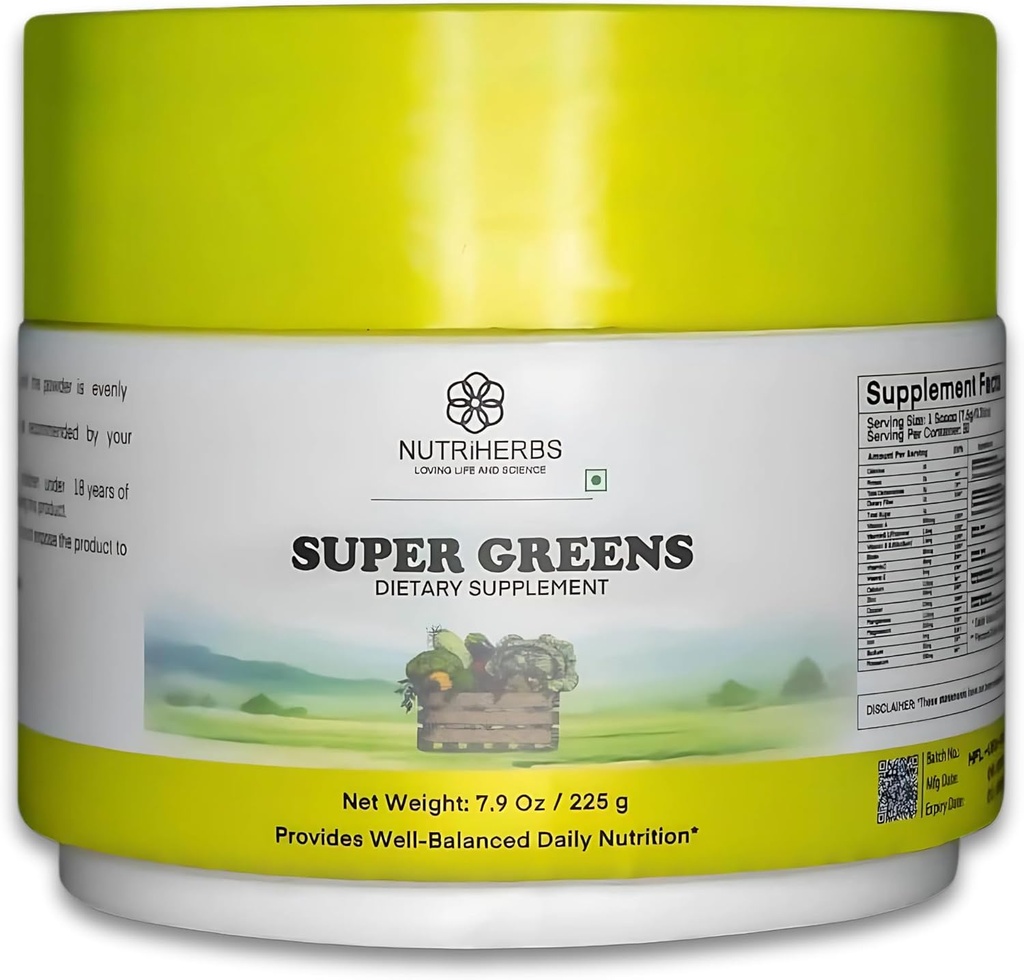 Nutriherbs Super Greens Toz - 225g | 33 Nutrient-Rich Meyveler, Gelişmiş Enerji için Sebzeler ve Probiyotikler, Immunity & Digestion | Güçlü Yeşil Gıda Toz | 30