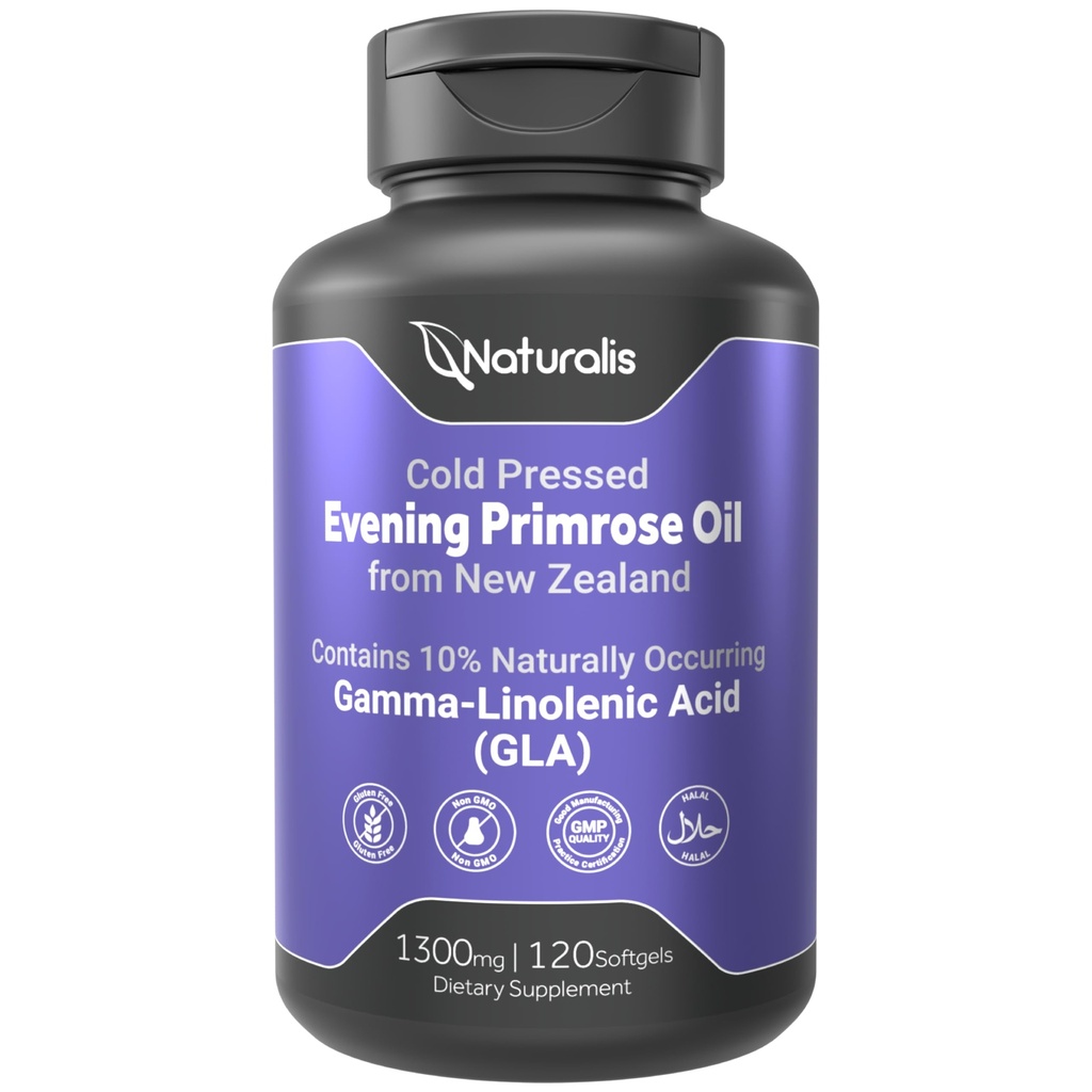 Naturalis Evening Primrose Oil (1300 mg) | 100 Natural from New Zealand | Non-GMO, Soy & Gluten Free, Zero Filler | 120 Softgels