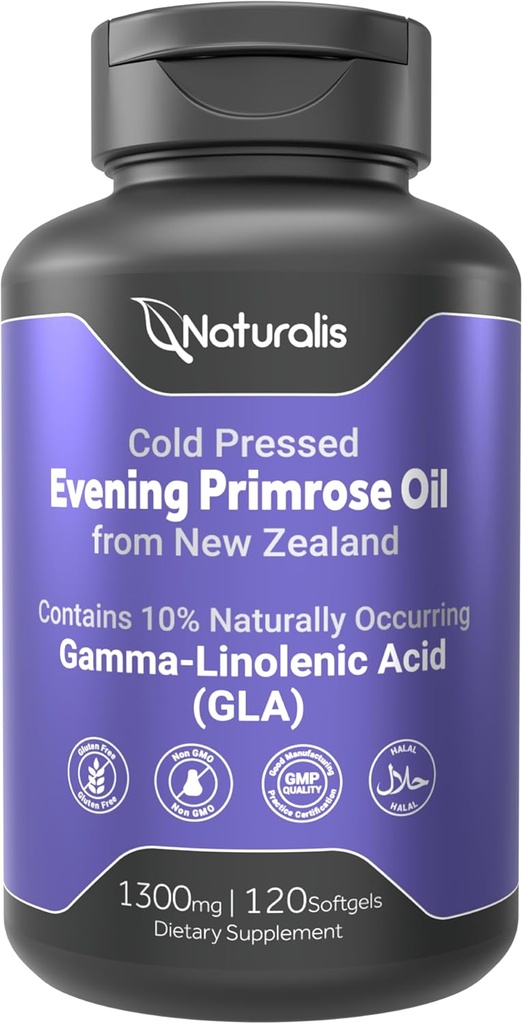 Naturalis Evening Primrose Oil (1300 mg) | 100 Natural from New Zealand | Non-GMO, Soy & Gluten Free, Zero Filler | 120 Softgels