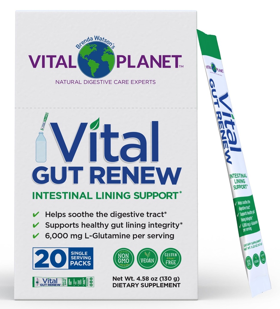 Vital Planet - Vital Gut Renew Powder Supplement for Leaky Gut Repair with L-Glutamine, Marshmallow and Ginger Root, DGL Licorice Root and Organic Aloe Vera, L Glutamine 6000mg, 20 Single Serv Packs