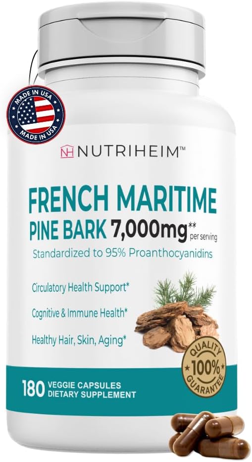 Fransız Deniz Pine Bark, Circulation, Heart Health, Skin, Bilişsel Destek - 20:1 Oran & 180 Veggie Capsules - Non-GMO, Gluten-Free, Vegan-Friendly