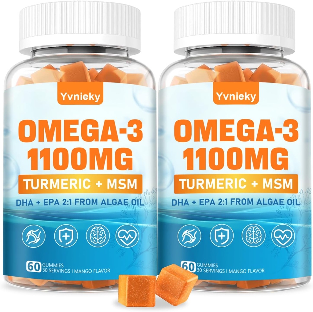 Vegan Omega 3 Supplement Gummies 1100m for Yetişkinler - DHA 680 mg & EPA 340mg with Turmeric, MSM, C, E, D3, çinko - Algae Fish Oil Alternative