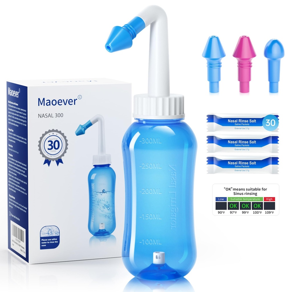 MAOEVER Neti Pot Sinus Rinse Şişe Nose Temiz Basınç Rinse Nasal Irrigation for Adult & Kid BPA Ücretsiz 300 ML with 30 Nasal Wash Salt Packets and Stylemeter (Mavi)
