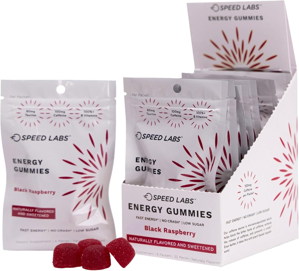 Speed Labs Caffeine Energy Gummies Black Raspberry Natural, 25mg Caffeine, Taurine, B-Vitamins per Piece, 32 Pieces (8 Packs) Vegan, Gluten Free, 1g Added Sugar
