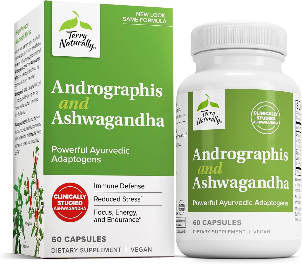 Terry Natural Andrographis ve Ashwagandha - Immune System Support Supplement - Support Energy & Health Stress Response - Energy Support Supplement - 60 Capsules (60 Hizmet)