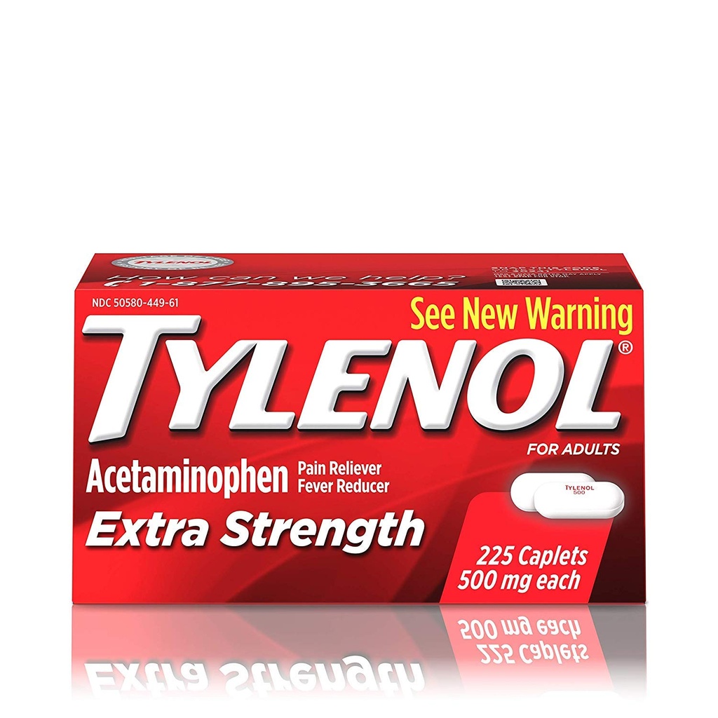 Tylenol Ekstra Kuvvetli Caplets with 500 mg Acetaminophen, Pain Reliever & Ateşleme, 225 ctt