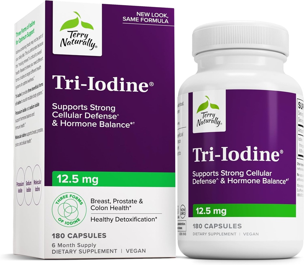 Terry Doğal Tri-Iodine - Tiroid Sağlığını Destekleyin - Moleküler Iodine'den Moleküler Iodine ve sodyum Iodide - Beyin & Enerji Desteği - 12.5 mg, 180 Capsules