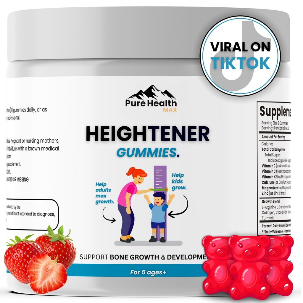 Boyener Gummies - Çocuklar için Doğal Boy Büyüme Tamamı, Gençler ve Yetişkinler Kemik Güçlerini artırmak ve büyütülmek için Yetişkinler | L-Arginine, Kalsiyum & çinko | 60 Gummyine,