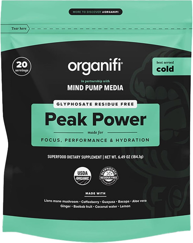 Organifi Peak Power, Pre Workout Dust to Support Hydration, with Lion's Mane and Guayusa