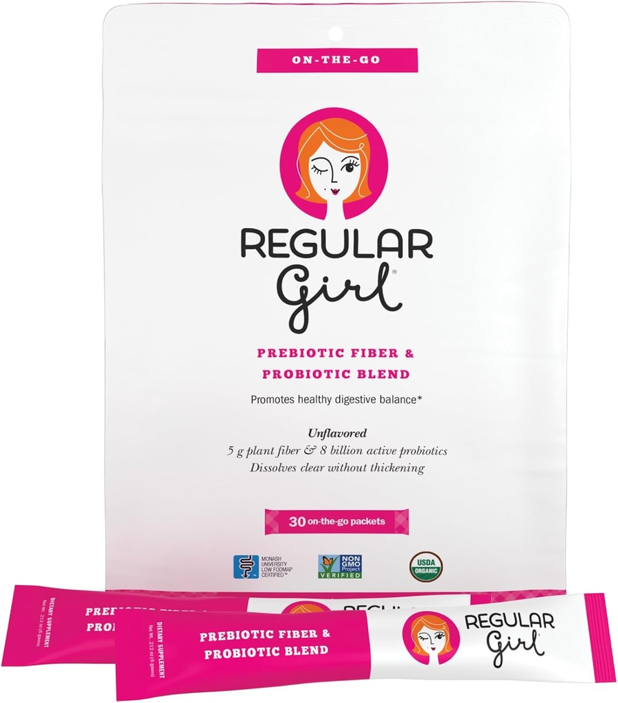 Düzenli Kız Organik Toz, Prebiyotik Fiber Supplement ve Probiyotiks for Women, Low FENGAP, 30 On-The-Go Packets, Unflavored, 30 Service Packets