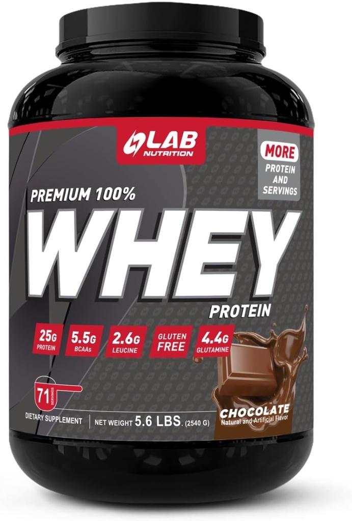 Lab Nutrition Premium, 100% Whey Protein Powder, Build muscl, Χωρίς γλουτένη, 25 g Πρωτεΐνη, Νόστιμο άρωμα σοκολάτας, 5,6 Lbs - 71 Σερβιέτες