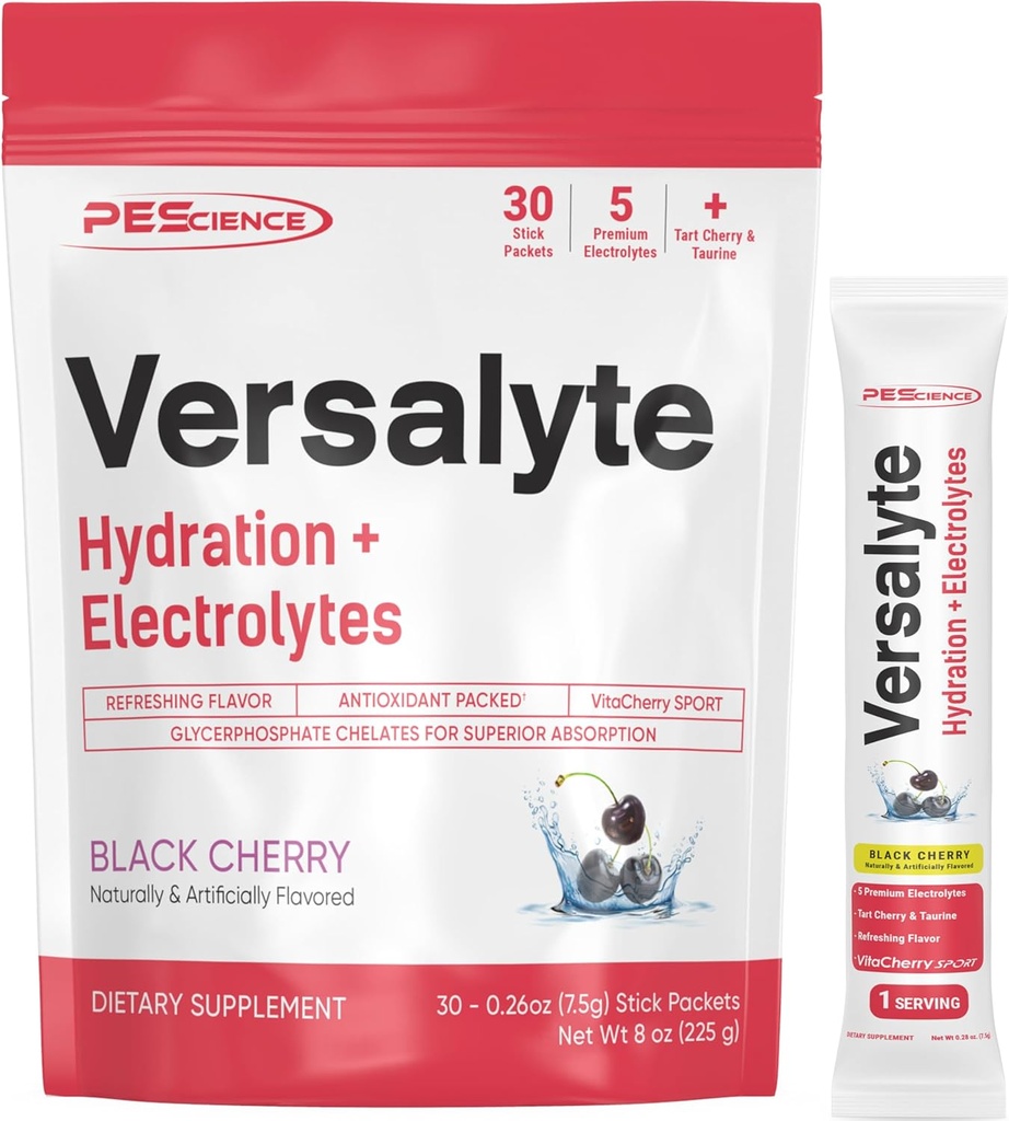 PE Science Versalyte Electrolyte Hydration Packets, Sugar Free Electrolyte Toz Magnezyum, Taurin, Antioksis, Trace Minerals - Black Cherry, 30 Hizmet