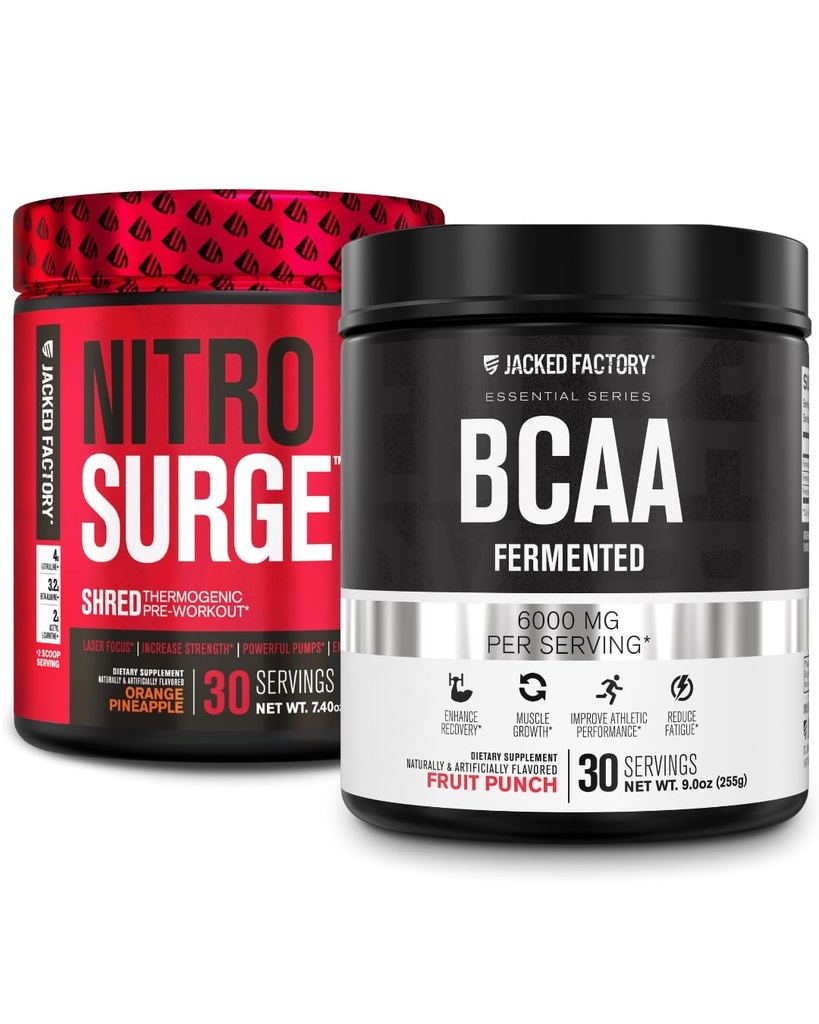 Jacked Factory Nitrosurge Ked Thermogenic Pre-Workout in Orange Pineapple & BCAA in Fruit Punch for Body Recomposition, Muscle Building and Recovery